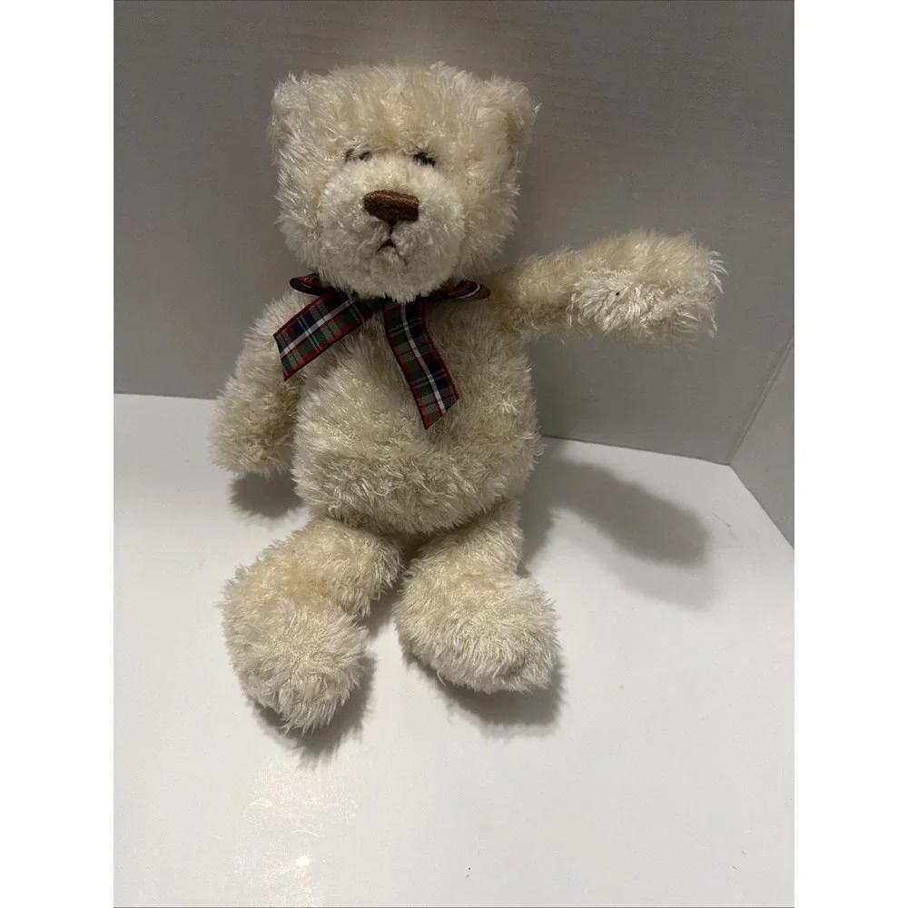 Gund Muffles Teddy Bear 2482 Cream White Shaggy Plush Plaid Bow 11 inch